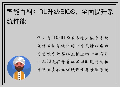 智能百科：RL升级BIOS，全面提升系统性能