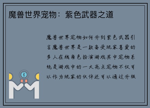 魔兽世界宠物：紫色武器之道