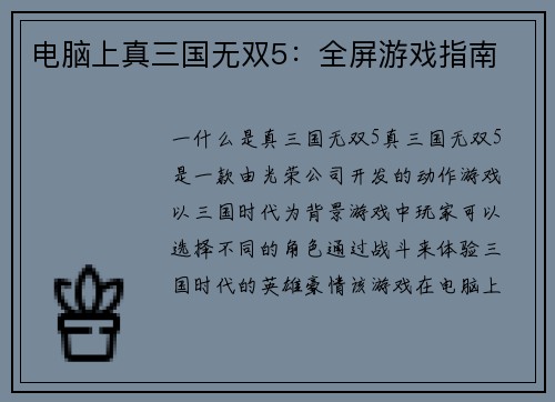 电脑上真三国无双5：全屏游戏指南